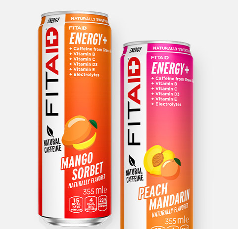 Cans of FITAID Energy Mango Sorbet, FITAID Energy Peach Mandarin